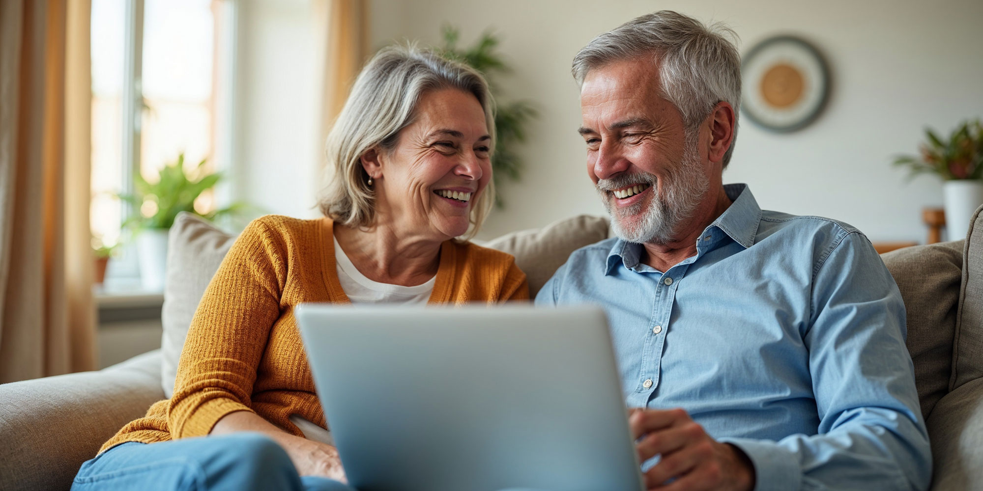 Happy middle aged couple using laptop computer relaxing on couch at home