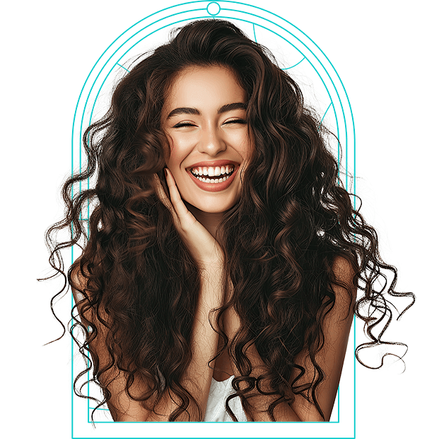 Beauty brunette laughing young woman with long shiny curly hair, Beautiful happy woman model