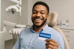Worried about finding an endodontist that accepts Medicaid? Show a person confidently smiling and relieved after receiving dental care, with a Medicaid card subtly visible in their hand. The background includes a modern dental office setting. No text on the image.