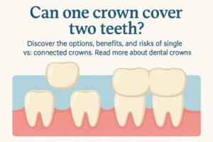 A dentist is pointing to an x-ray of a patient's teeth. The x-ray highlights a situation where one crown is covering two teeth. No text on the image.
