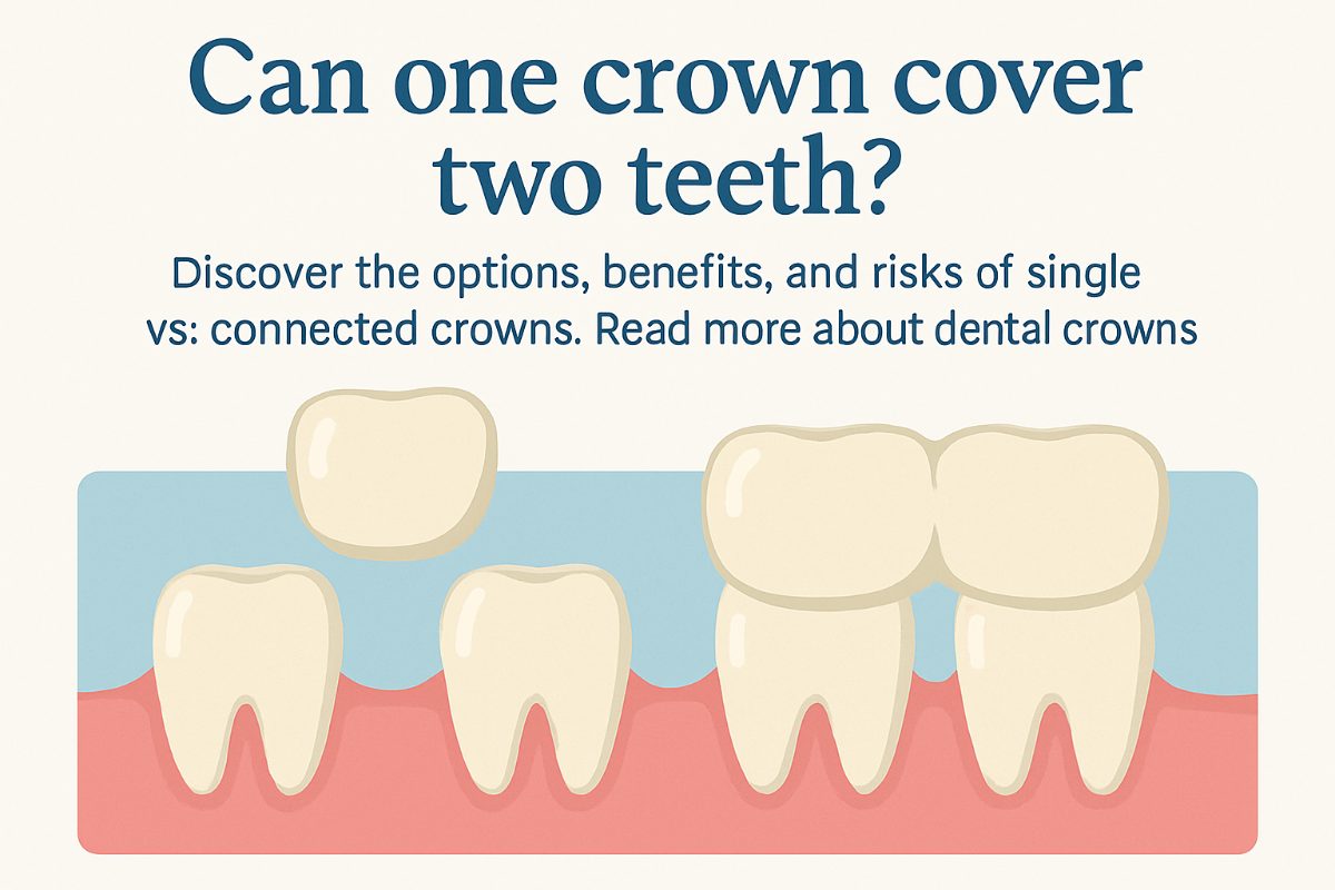 A dentist is pointing to an x-ray of a patient's teeth. The x-ray highlights a situation where one crown is covering two teeth. No text on the image.