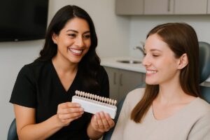 A female dentist in Arlington, TX smiling and consulting with a female patient about porcelain veneers. No text on the image.