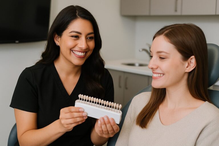 A female dentist in Arlington, TX smiling and consulting with a female patient about porcelain veneers. No text on the image.