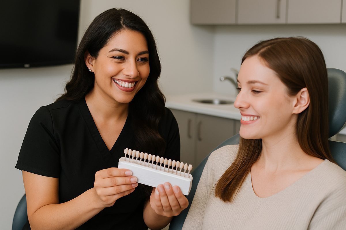 A female dentist in Arlington, TX smiling and consulting with a female patient about porcelain veneers. No text on the image.