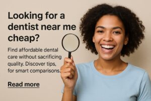 Photo of a smiling woman shaking hands with a dentist in a modern dental office, symbolizing trust and affordable care. The text on the image reads "Affordable Dental Care Options".