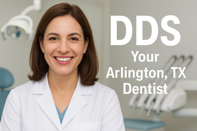 Image of a friendly female dentist in Arlington, TX smiling, with the text overlay "DDS: Your Arlington, TX Dentist".